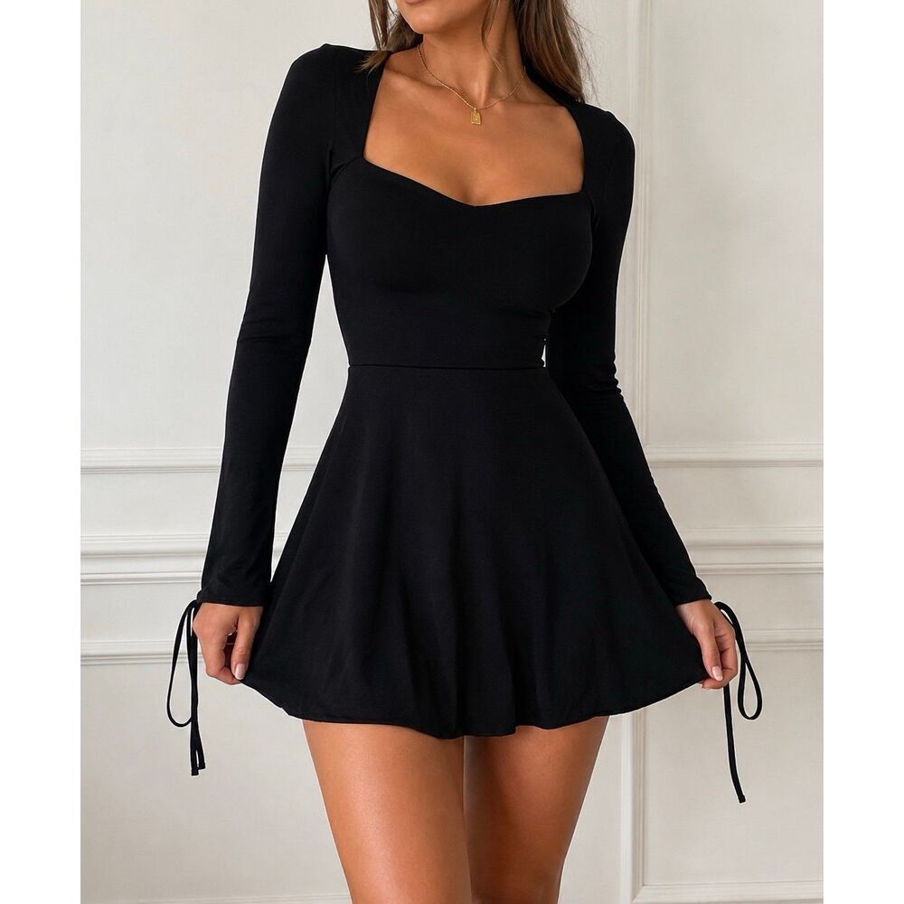 Oh Polly Black Long Sleeve Skater Mini Dress US 0 Coquette Party